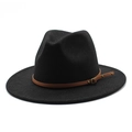 Classic black wool fedora hat with a brown leather buckle band for men and women - M (56-58cm) / Black