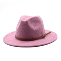 Pink fedora hat with geometric pattern, wide brim and brown leather belt decoration - M (56-58cm) / Pink