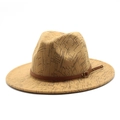 Detail of mustard yellow wide brim fedora featuring geometric prints and leather strap buckle - M (56-58cm) / Khaki