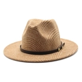 Detail of British plaid wool fedora hat with brown leather band and metallic rivet - M (56-58cm) / Camel
