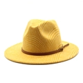 Classic bright yellow wool fedora hat with a flat wide brim and brown leather band - M (56-58cm) / Yellow