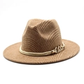 Classic houndstooth wide-brim fedora hat with twisted rope and gold chain detail - M(56-58cm) / Camel