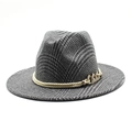 Classic houndstooth fedora hat with gold braided rope and chain trim on white background - M(56-58cm) / Gray