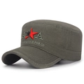 Army green military flat top cap in durable cotton canvas with red star embroidery - AKA Embroidery Style / Army Green