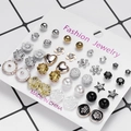 Set of 20 pairs alloy stud earrings with hearts, pearls and crystals on white card - 20 Pairs White Gold Black Flower Star Set