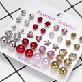 Set of 12 pairs of alloy stud earrings featuring hearts, pearls, and colorful rhinestones - 20 Pairs Red Pink White Gold Rhinestone Pearl Set