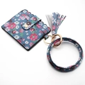 Close-up of floral PU leather card holder with matching wristlet and tassel charm - Daisy