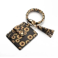 Sunflower pattern PU leather card holder keychain with gold ring wristlet and tassel - Sunflower