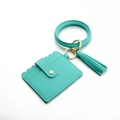 Mint green lychee pattern PU leather card holder keychain with wristlet and tassel - Mint Green