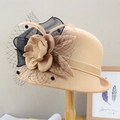 Elegant beige wool felt cloche hat with 3D fabric flower and black polka dot mesh veil - Adjustable / Camel