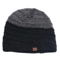 Bonnet en chenille tricoté d'hiver en gris foncé et noir avec un écusson en cuir - Taille Unique (56-60cm) / Noir Gris Patchwork