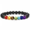 Adjustable seven chakra energy bracelet with black volcanic stones and colored beads - 7 Chakra Lava Stone Elastic Bracelet