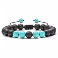 Adjustable macrame bracelet with black lava stone and blue turquoise beads with gold cracks - Black Lava Stone with Gold Crackle Blue Turquoise Braided Bracelet