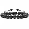 Macro detail of braided adjustable bracelet with porous lava rock and matte black beads - Matte Black Agate with Lava Stone Adjustable Braided Bracelet