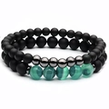 Macro detail of matte black onyx and green striped agate beads in two-piece bracelet set - 2-Piece Matte Black Agate Elastic Bracelet Set