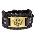 Handmade black leather bracelet featuring a bronze Celtic dragon charm and woven edges - Black + Antique Bronze