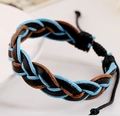 Adjustable braided leather bracelet in black, blue and brown with sliding knot - Blue and Khaki