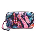 Mini nylon tote bag with colorful feather print featuring three layers and a wrist strap - Feather