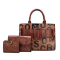Three-piece brown faux leather handbag set with vintage texture and buckle detail - Set (3pcs) / Tan