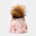 Detail of pink tie-dye knitted beanie with a large fluffy brown pompom and soft texture - One Size / Pink White Rendered (5#色)