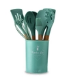 Teal silicone kitchen utensils set with wooden handles and matching organizer bucket - Big Bucket Style / Forest Green