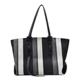 Minimalist black and white striped tote bag with large capacity and double handles - Black