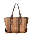 Vertical striped knitted tote bag in brown and beige with leather handles and spacious interior - Khaki