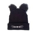 Zwarte gebreide muts met schattige kattenoren, imitatiebont en snuithaar borduursel - Zwart