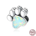 925 sterling silver paw print charm with heart-shaped blue opal inlay for DIY bracelets - Heart Iridescent Opal Paw (SCC1676)