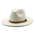 Plaid wool fedora hat in beige with brown leather band and gold stud detailing - M (56-58cm) / Cream