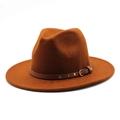 Brown wool fedora hat with wide brim featuring a leather band and gold stud accents - M (56-58cm) / Caramel color