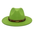Bright green wide brim fedora hat with a woven band and golden feather charm detail - Fruit Green
