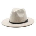 Classic beige plaid wool fedora hat with a black leather band and wide flat brim for unisex - M (56-58cm) / Beige