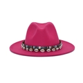 Rose red wide brim fedora hat with colorful ethnic band and white cowrie shells - M (56-58cm) / Rose Red