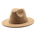 Detail of camel plaid wool fedora hat featuring brown leather band and gold metal buckle - Camel