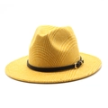 Detail of yellow wool fedora hat featuring black leather band and gold metal buckle - M (56-58cm) / Yellow