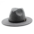 Classic British grey plaid wool fedora hat with a black leather band and gold buckle detail - M (56-58cm) / Gray