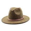Detailed texture of brown plaid fedora hat with pink leather band and gold buckle - M(56-58cm) / Khaki