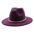 Detail of wool fedora hat with burgundy plaid pattern and tan leather belt with gold buckle - M(56-58cm) / Dark Purple