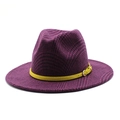 British style wool fedora hat with purple plaid pattern and yellow belt buckle trim - M (56-58cm) / Dark Purple