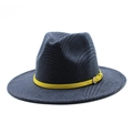Detail of navy blue wool fedora hat with textured weave and yellow leather buckle strap - M (56-58cm) / Navy Blue