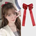 Elegant wine red satin oversized bow hair clip with long ribbons for women hair styling - Ribbon Bow / Red