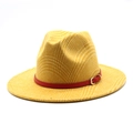 Unisex yellow wool fedora hat with subtle plaid pattern and red leather band - M (56-58cm) / Yellow
