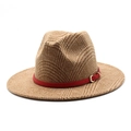 British style wool fedora hat with brown check pattern and red leather decorative band - M (56-58cm) / Camel