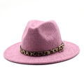 Detailed view of pink wool fedora with geometric texture and leopard print belt buckle - M (56-58cm) / Pink