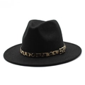 Close-up of black wool fedora featuring leopard print band and gold buckle detail - M (56-58cm) / Black