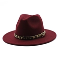 Classic dark burgundy wool fedora hat with a leopard print leather band and gold buckle - M (56-58cm) / Burgundy