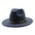 Detail of navy wool felt fedora featuring a leopard print band and gold buckle - M (56-58cm) / Navy Blue