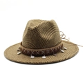 Brown checkered wool Fedora hat with ethnic woven band and metallic pendant details - M(56-58cm) / Khaki