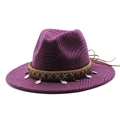 Detail of purple fedora hat with ethnic embroidered band and silver coin pendants - M (56-58cm) / Dark Purple